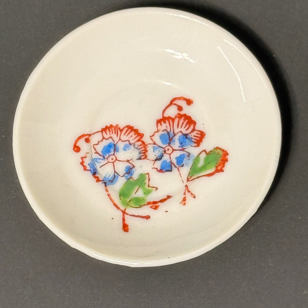 Vintage Made in Japan Miniature Porcelain Floral Dish Hand Painted Blue Flowers